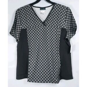 Cherokee Scrub Top Sz XL Black & Gray Checkerboard Panel V-Neck Knit NWT